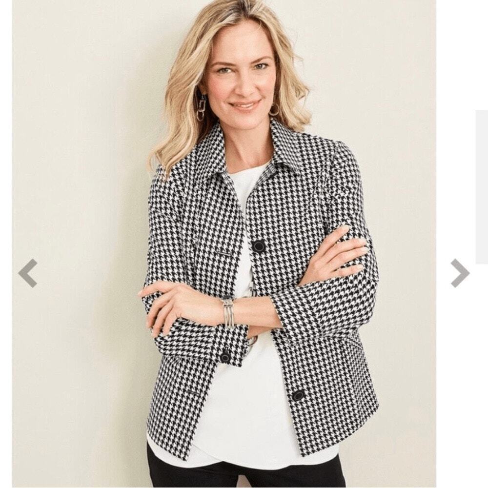 Chicos 4 Way Stretch Houndstooth Jacket Size XXL Black White Office Career NWT